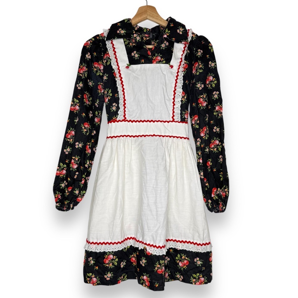 Vtg 60s Country Girl Dress 8-9Y Black Cherry Flowers Print Apron Balloon Sleeves